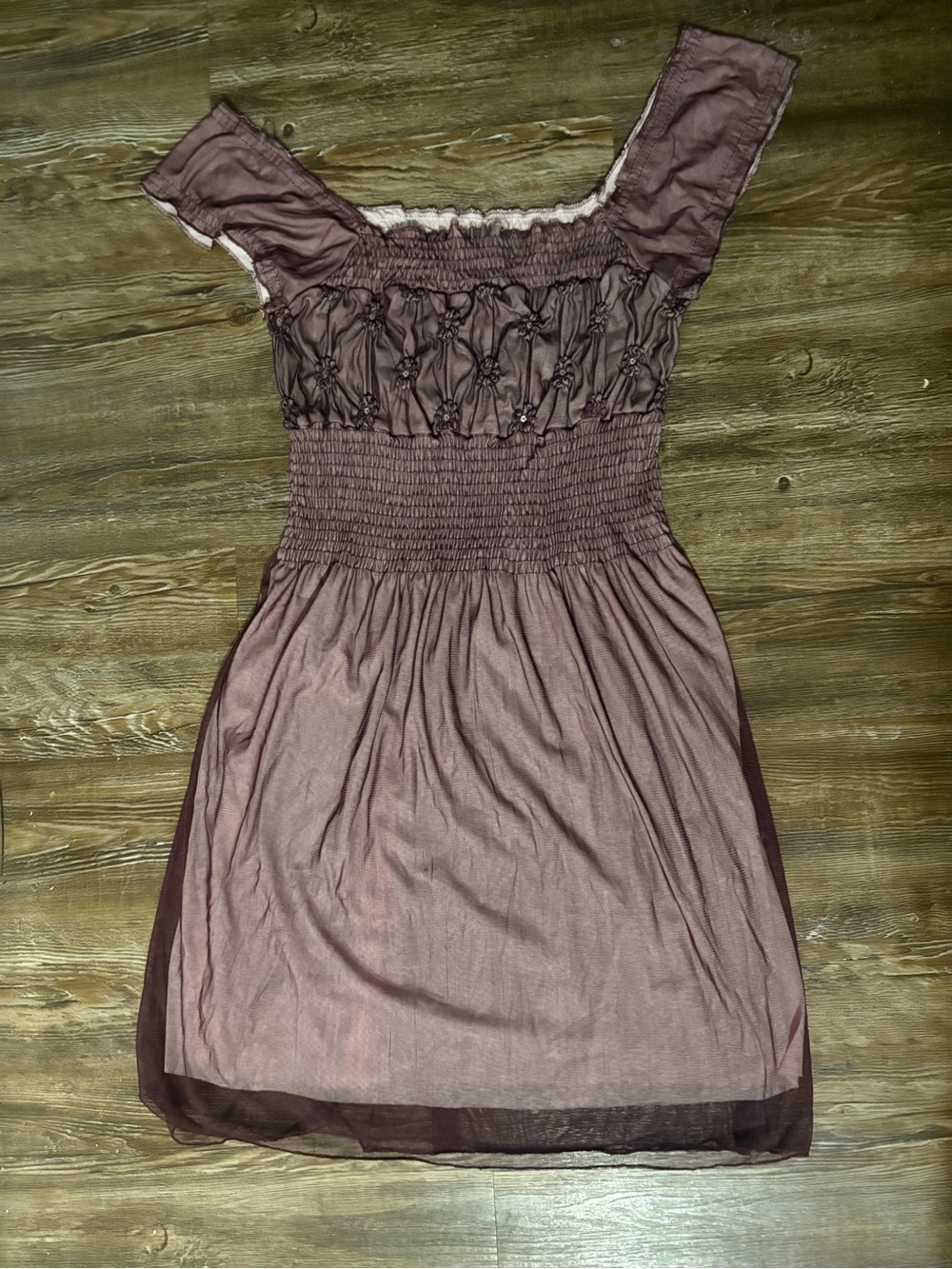 Smocked Mauve Midi Dress with Decorative Details